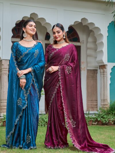 pure fendy silk fancy saree with heavy diamond work & unstitched blouse