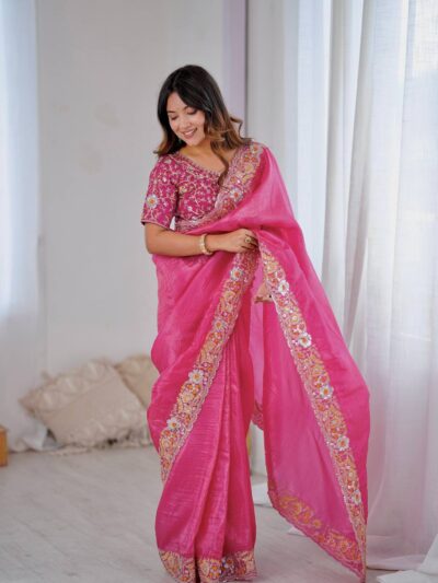 premium gold crush embroidered saree with sequins & coding work