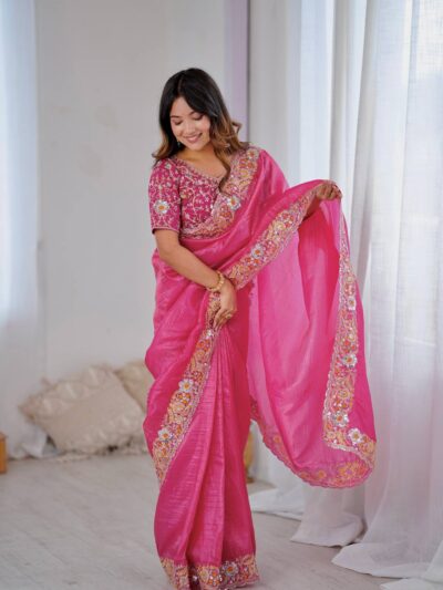 premium gold crush embroidered saree with sequins & coding work