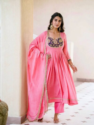 designer party wear crunchy silk gown set with dupatta & pant |