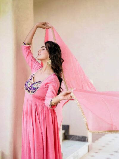 designer party wear crunchy silk gown set with dupatta & pant |