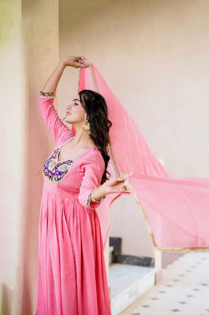 designer party wear crunchy silk gown set with dupatta & pant |