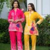 abstract printed muslin silk co ord set for women