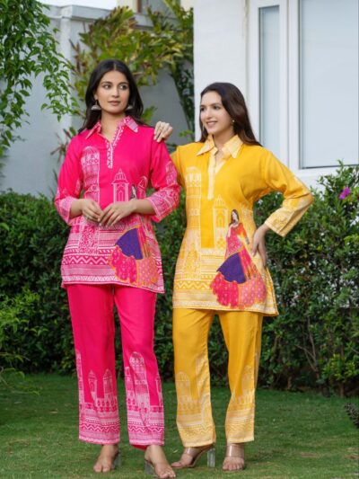 abstract printed muslin silk co ord set for women