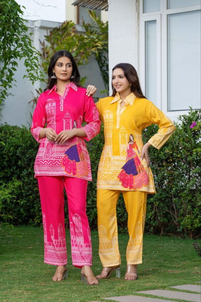 abstract printed muslin silk co ord set for women