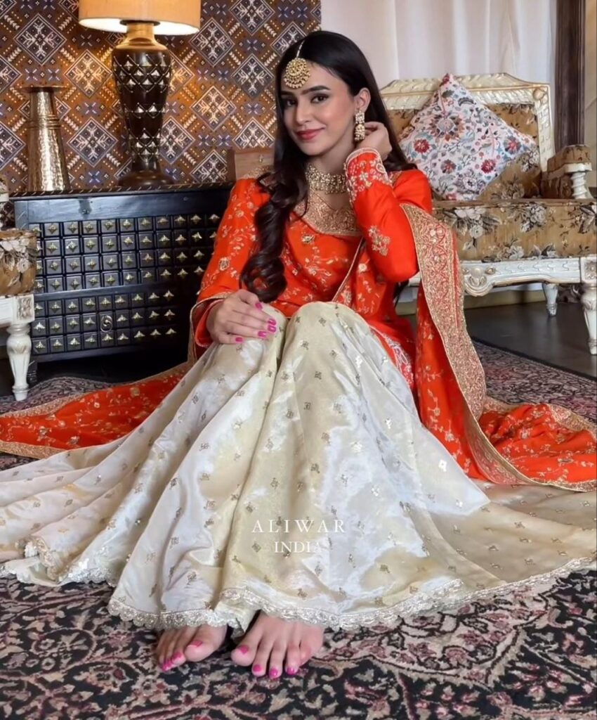 Outlet orange embroidered suit with garara & dupatta