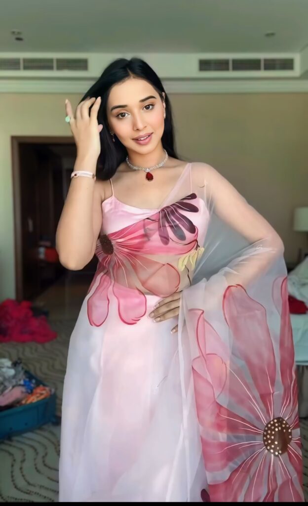 pink organza ready to wear saree with printed design