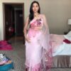 pink organza ready to wear saree with printed design