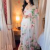 ready to wear white organza printed saree with unstitched blouse