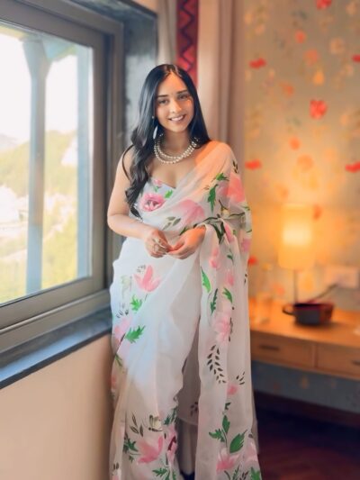 ready to wear white organza printed saree with unstitched blouse