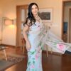 ready to wear white organza printed saree with unstitched blouse
