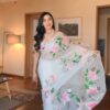 ready to wear white organza printed saree with unstitched blouse