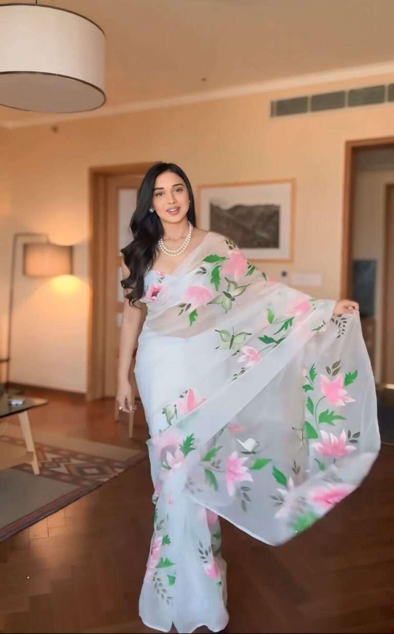 ready to wear white organza printed saree with unstitched blouse