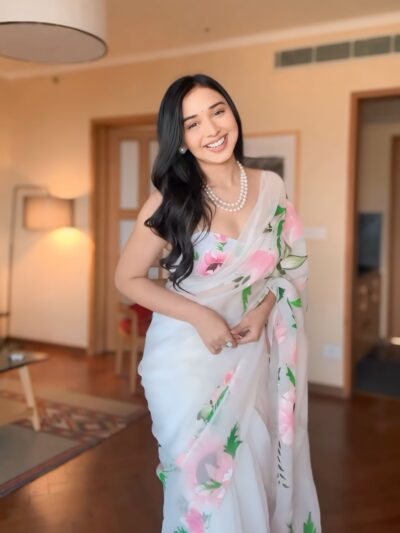 ready to wear white organza printed saree with unstitched blouse