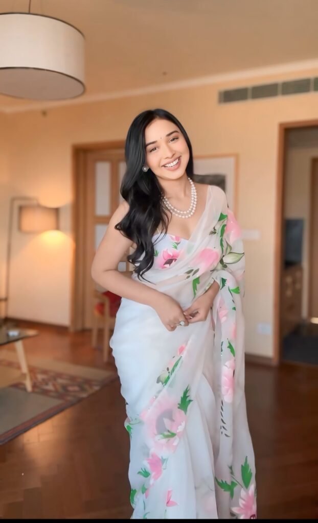 ready to wear white organza printed saree with unstitched blouse