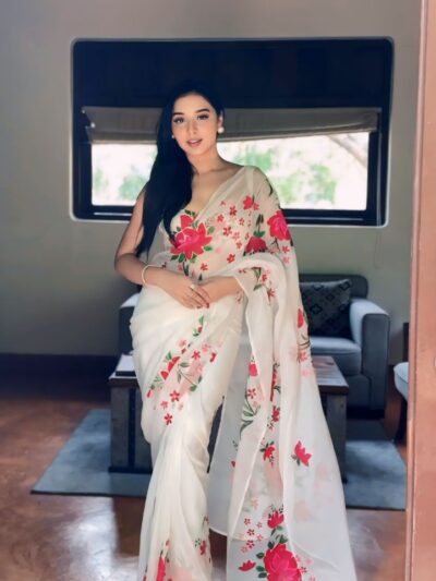 white organza ready to wear saree with printed design