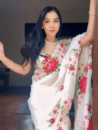 white organza ready to wear saree with printed design