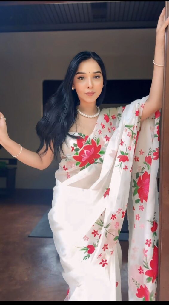 white organza ready to wear saree with printed design