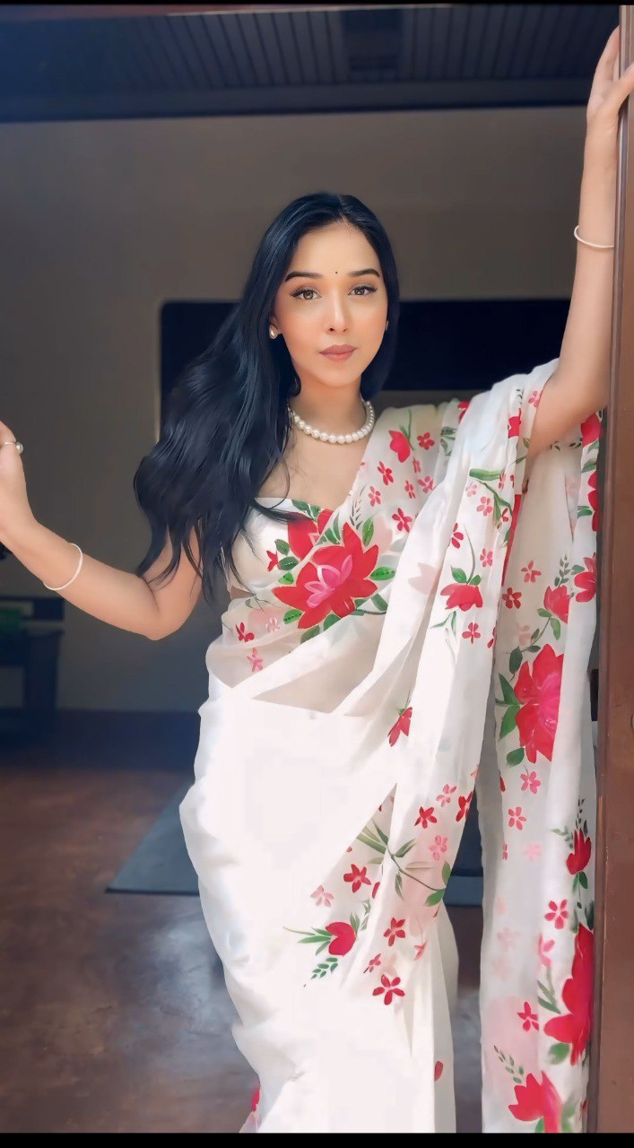 white organza ready to wear saree with printed design white organza ready to wear saree with printed design