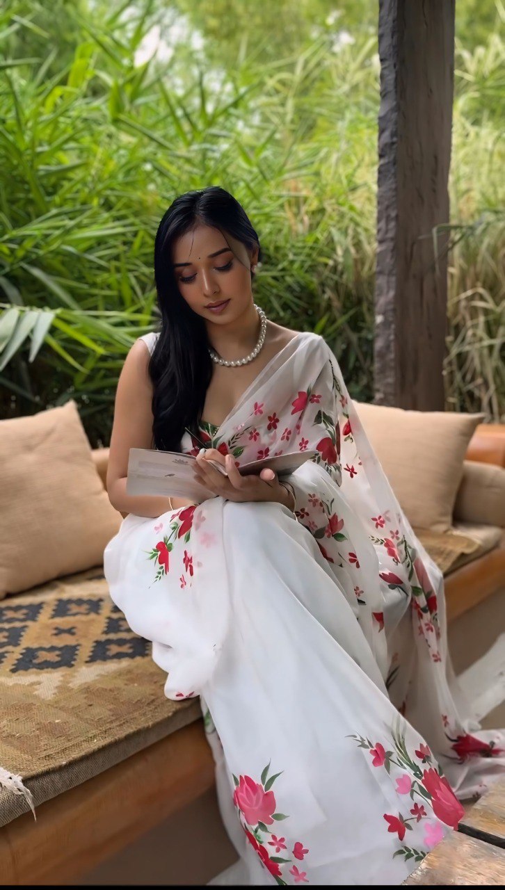 white organza ready to wear saree with printed design white organza ready to wear saree with printed design