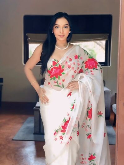 white organza ready to wear saree with printed design