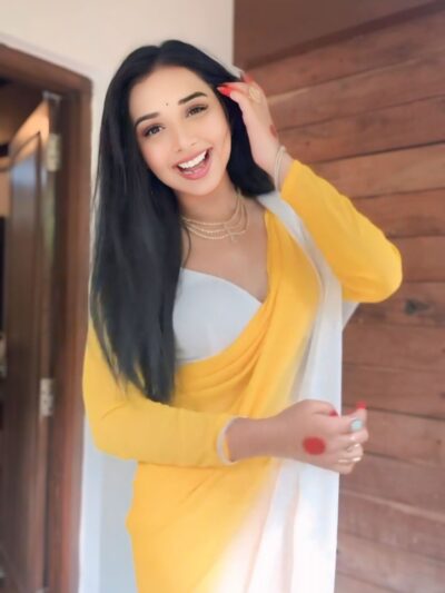 yellow & white printed georgette saree with unstitched blouse