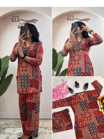 printed rayon cotton co ord set for women | foil work top & palazzo – wm26