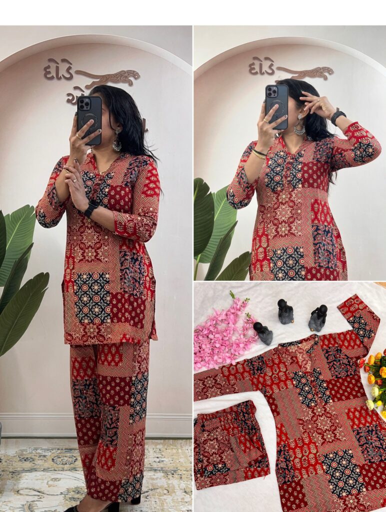 printed rayon cotton co ord set for women | foil work top & palazzo – wm26