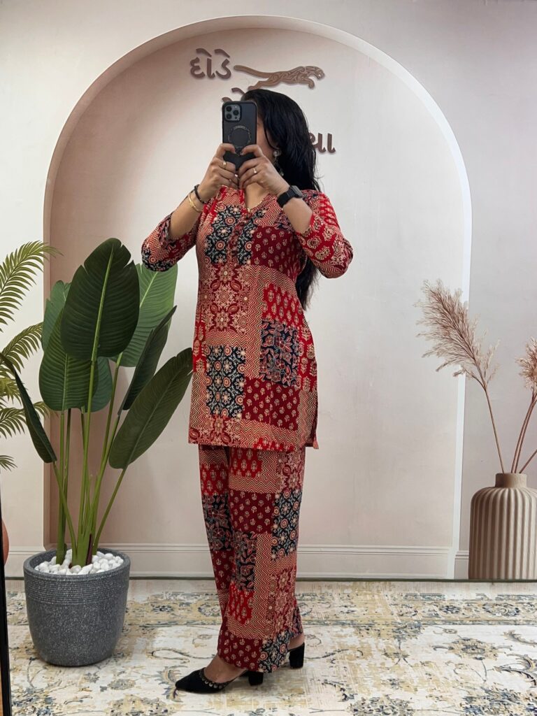 printed rayon cotton co ord set for women | foil work top & palazzo – wm26