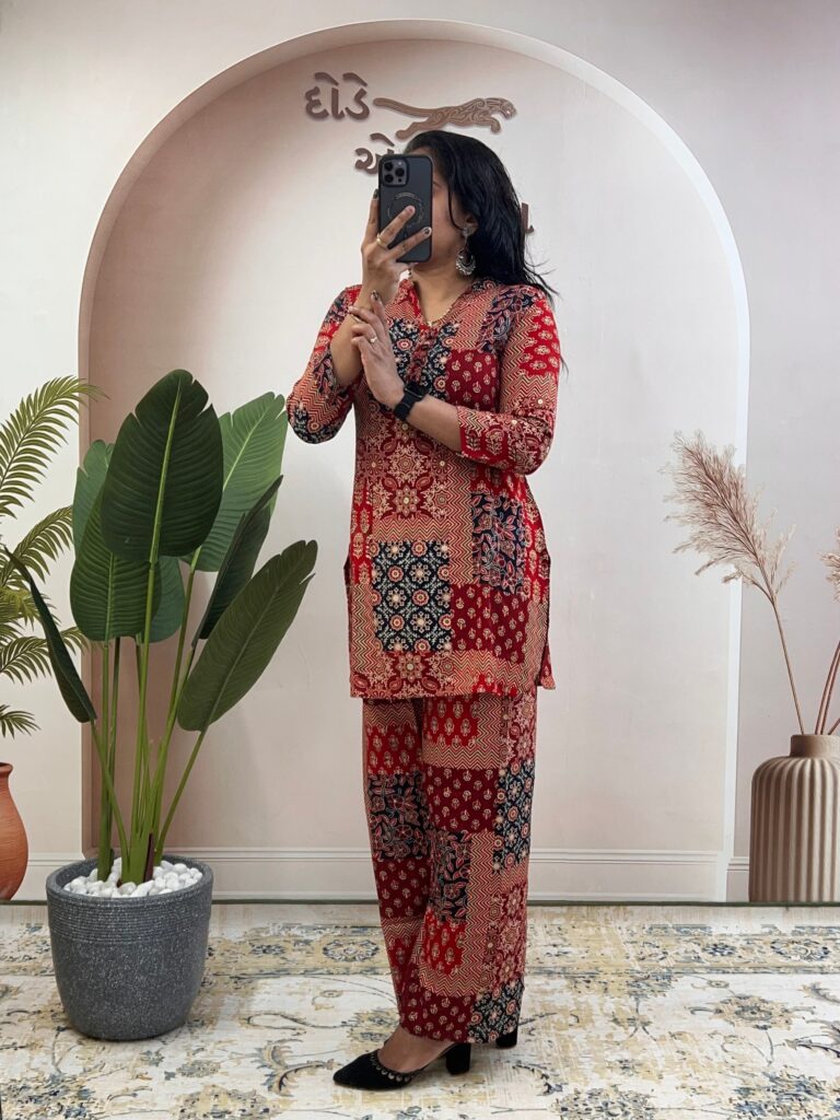 printed rayon cotton co ord set for women | foil work top & palazzo – wm26