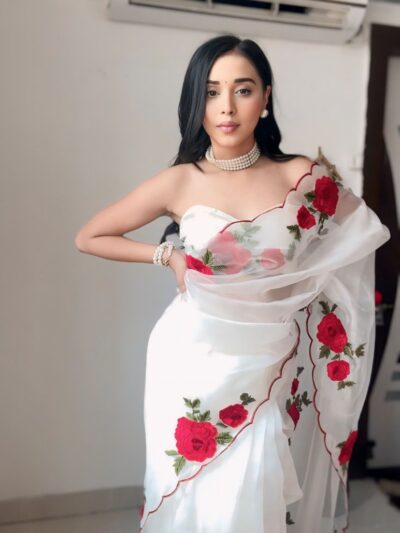 white organza ready to wear saree with printed design