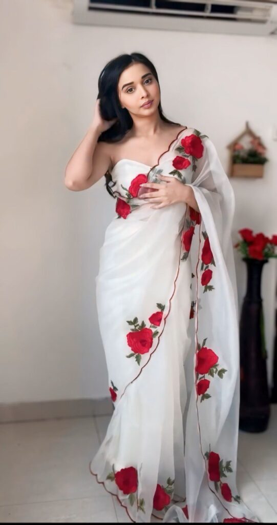 white organza ready to wear saree with printed design