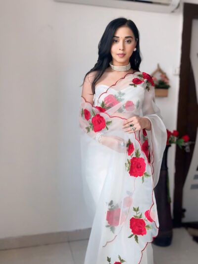 white organza ready to wear saree with printed design