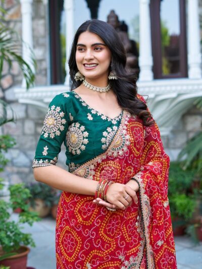 pure bandhej saree with heavy pitha & gota patti work and mono silk blouse