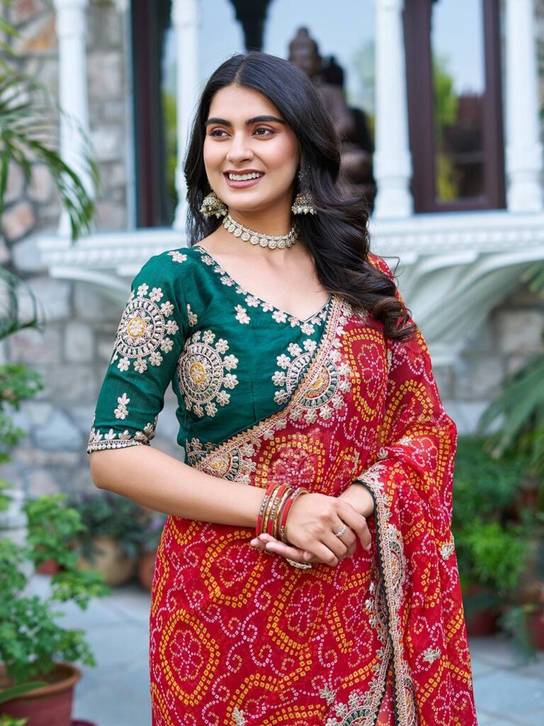 pure bandhej saree with heavy pitha & gota patti work and mono silk blouse