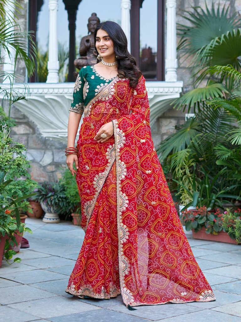 pure bandhej saree with heavy pitha & gota patti work and mono silk blouse