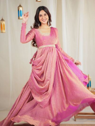 designer handwork gown with dupatta & waist belt in gold crush silk