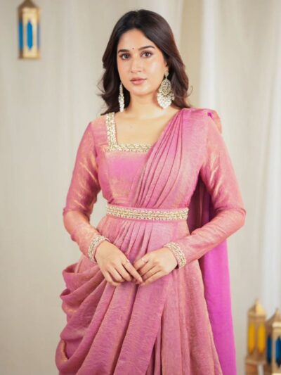 designer handwork gown with dupatta & waist belt in gold crush silk