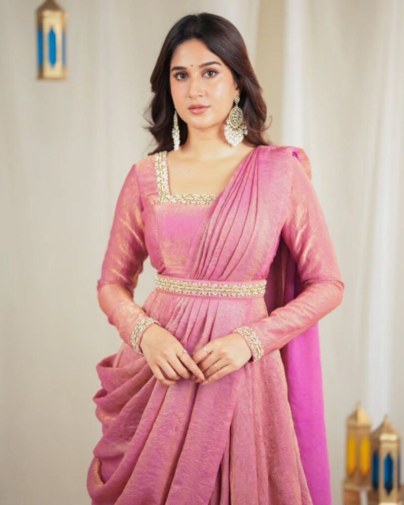 designer handwork gown with dupatta & waist belt in gold crush silk