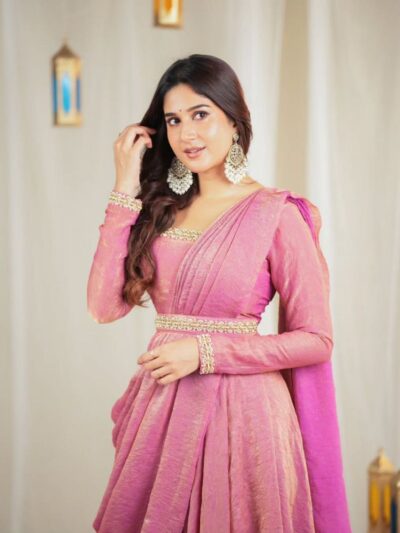 designer handwork gown with dupatta & waist belt in gold crush silk