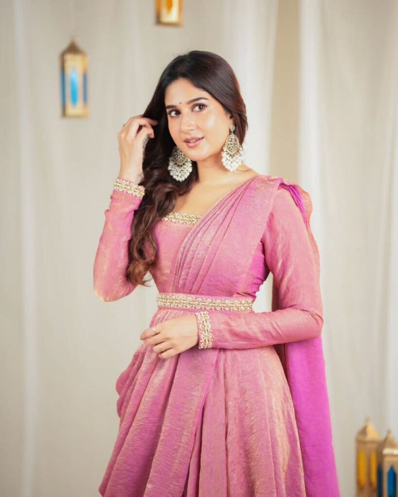 designer handwork gown with dupatta & waist belt in gold crush silk