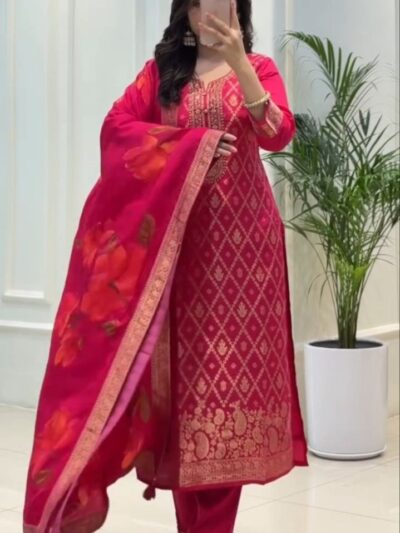 banarasi silk kurti pant dupatta set with jari work
