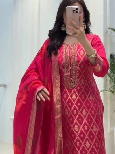 banarasi silk kurti pant dupatta set with jari work