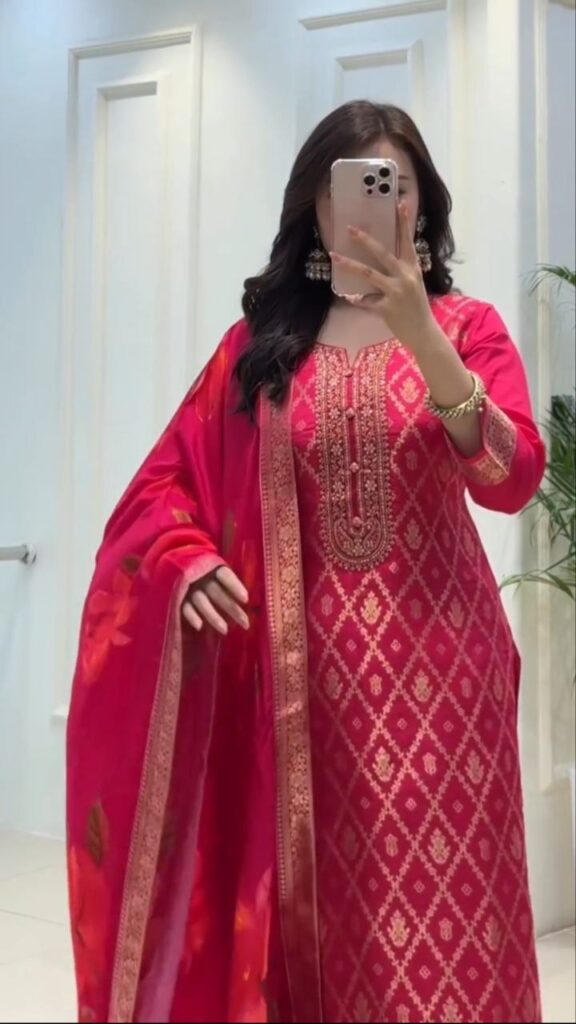 Outlet banarasi silk kurti pant dupatta set with jari work