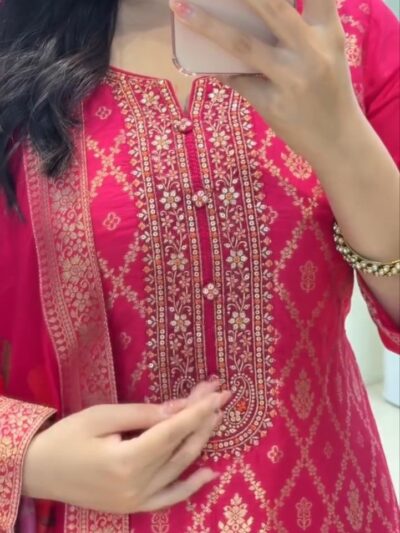 banarasi silk kurti pant dupatta set with jari work