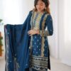 chinnon sequins embroidered top pant dupatta set for women