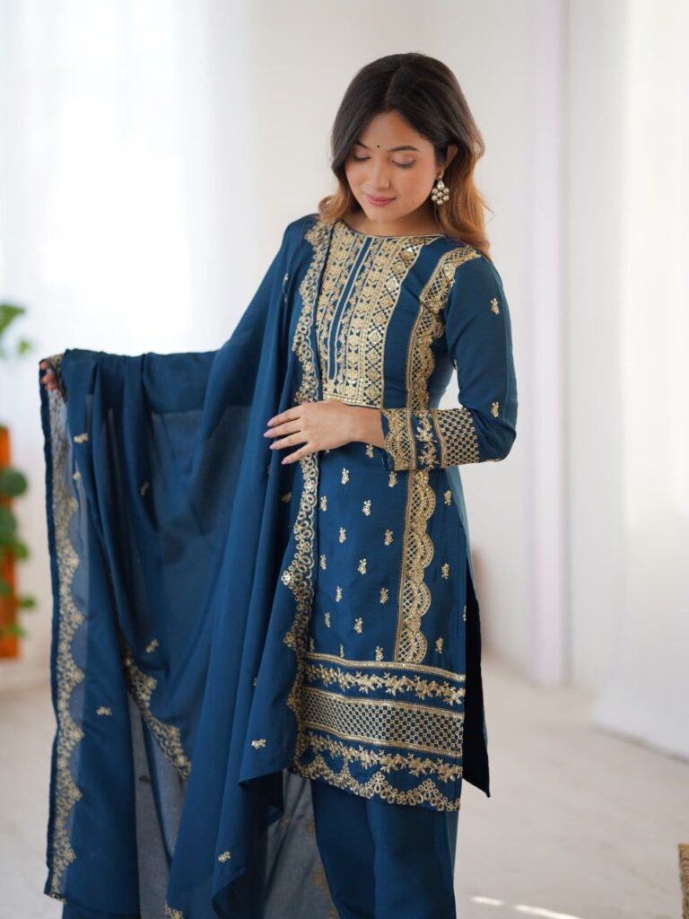 Outlet chinnon sequins embroidered top pant dupatta set for women