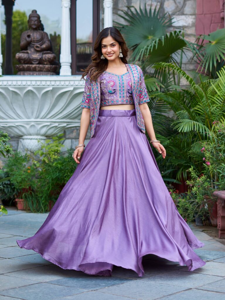 Outlet festival wear lehenga choli with embroidered koti