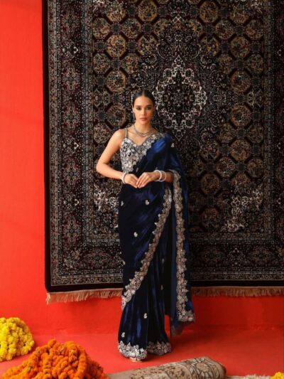 designer winter velvet saree with sequins & jari embroidery