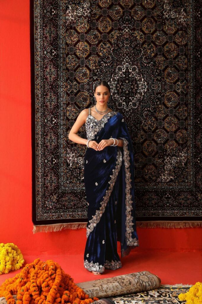 Outlet designer winter velvet saree with sequins & jari embroidery